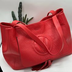 Valentino By Mario Valentino Leather Red Ollie Shoulder Bag. Used In Great Condition. Red Leather-lined Shoulder Bag For Office, Red Textured Leather Tote Bag, Red Textured Leather Top Handle Shoulder Bag, Luxury Red Textured Leather Shoulder Bag, Red Textured Leather Office Bag, Red Shoulder Bag With Leather Lining And Double Handle, Red Shoulder Bag With Double Handles, Modern Red Textured Leather Bag, Red Shopping Bags With Leather Lining