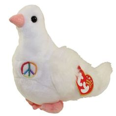 a white stuffed bird with peace signs on it's back