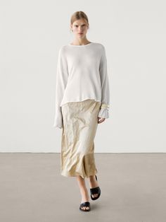 Cotton satin blend midi skirt Style Maxi Skirt, Maxi Skirt Style, Cardigan Sweater Jacket, Knitwear Cardigan, Blouse And Skirt, Massimo Dutti, Light Yellow, Linen Shirt, A Line Skirts