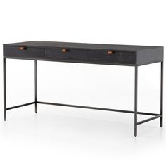 a black desk with two drawers on one side and an open drawer on the other