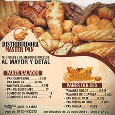 a menu for a bakery with breads and other items on it's side