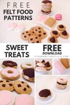 a collage of different types of cookies and doughnuts with text overlay that reads free felt food patterns