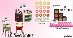 the swatches are all different colors and sizes for each item in this image,