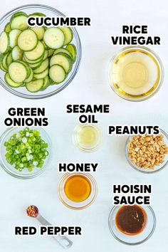 the ingredients to make cucumber vinegar salad are shown in separate bowls and labeled