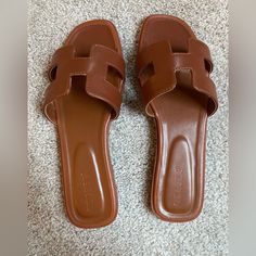 Amazon Sandals. Size 11. Color Cognac. Never Worn. Brown Flat Heel Flip Flops For Summer, Brown Flat Heel Summer Flip Flops, Brown Flat-heel Summer Flip Flops, Summer Brown Flat Flip Flops, Brown Flat Flip Flops, Trendy Brown Open Toe Flip Flops, Brown Synthetic Flat Flip Flops, Brown Synthetic Flat Heel Flip Flops, Brown Synthetic Flip Flops