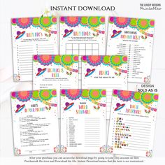 printable instant baby shower game with rainbows and hearts on the cover, includes instructions for