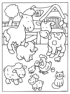 a coloring page with farm animals and their babies in the yard, as well as a barn