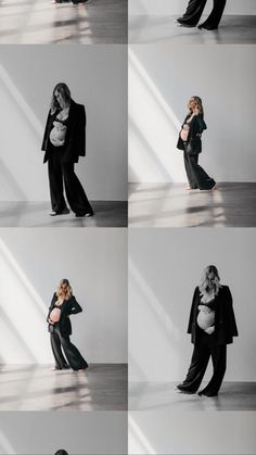 multiple images of people in black and white outfits, one woman is holding her stomach