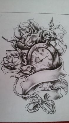 a drawing of a clock and roses on paper