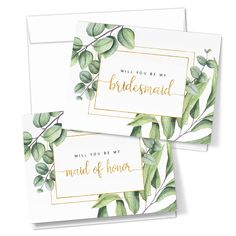 two cards with the words will you be my bridesmaid? and green leaves