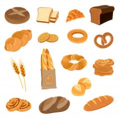 different types of breads and pastries on a white background royalty - art illustration