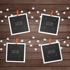 three polaroid frames hanging from string lights on wooden wall with text place your photo here