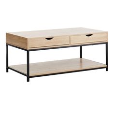 a coffee table with two drawers on one side and an open shelf on the other