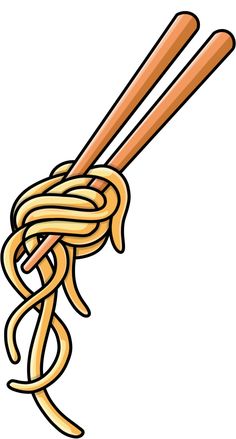 two wooden chopsticks with noodles tied to each other on a white background illustration