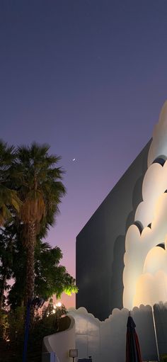 the building is lit up at night with lights on it's side and palm trees in front