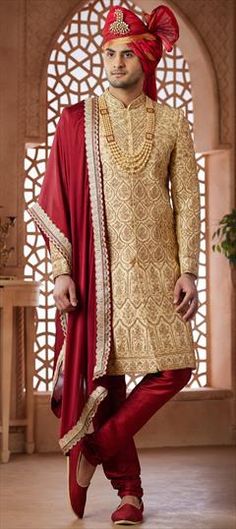 Beige and Brown color Sherwani in Art Silk fabric with Bugle Beads, Cut Dana, Embroidered, Sequence, Thread work Gold Kurta With Dori Work For Reception, Traditional Churidar With Dori Work For Receptions, Reception Churidar With Dori Work And Traditional Drape, Traditional Drape Churidar With Dori Work For Reception, Reception Churidar With Zari Work In Traditional Drape, Traditional Churidar With Zari Work For Reception, Traditional Drape Sherwani With Dori Work For Reception, Ceremonial Churidar With Intricate Embroidery In Traditional Drape, Ceremonial Churidar With Intricate Embroidery And Traditional Drape