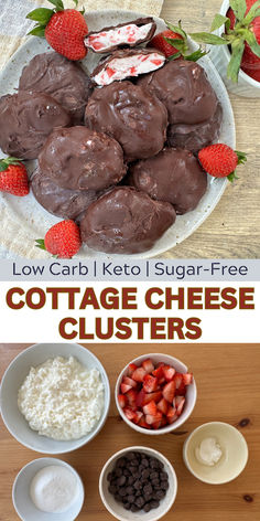 chocolate cheese clusters with strawberries and other toppings on the side, in bowls