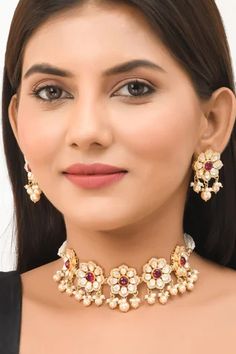 Shop for Zeeya Luxury Jewellery Floral Stone Embellished Necklace Jewellery Set Online at Aza Fashions Luxury Jewellery, Jewellery Set, Semi Precious Stones, Swarovski Pearls, Aza Fashion, Floral Motif, Luxury Jewelry, Online Jewelry, Semiprecious Stones