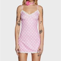 Sugar Thrillz Walk The Line Polka Dot Mini Dress You're Stepping Into Uncharted Territory. This Mini Dress Has An All Over Polka Dot Print, Eyelet Lace Trim, Adjustable Cami Straps, And A Bodycon Silhouette. Pink Polka Dot Mini Dress, Sleeveless Polka Dot Dress With Lace Trim, Fitted Polka Dot Dress With Lace Trim, Feminine Polka Dot Mini Dress For Spring, Polka Dot Mini Dress For Daywear, Flirty Polka Dot Mini Dress For Spring, Polka Dot Fitted Mini Dress For Daywear, Fitted Polka Dot Mini Dress For Daywear, Feminine Polka Dot Mini Dress For Summer