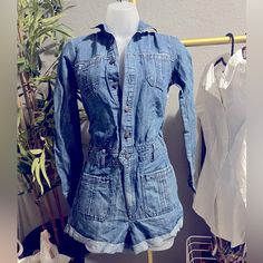 Abercrombie And Fitch Jean Romper Stylish And Comfortable, Long Sleeves Are Easy To Roll. Button Up Feature On Front. Chest & Back Pockets Lightweight & Breathable Blue Button-up Fitted Jumpsuits And Rompers, Blue Fitted Button-up Jumpsuits And Rompers, Spring Long Sleeve Jumpsuits And Rompers With Buttons, Blue Button-up Overalls For Spring, Long Sleeve Relaxed Fit Denim Jumpsuit With Button Closure, Long Sleeve Cotton Overalls With Buttons, Cotton Overalls With Sleeves And Buttons, Fitted Vintage Denim Jumpsuit With Long Sleeves, Vintage Fitted Long Sleeve Denim Jumpsuit