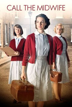 the poster for call the midwife shows three women in dresses and holding suitcases