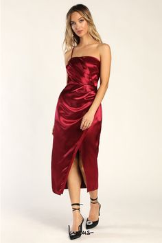 You'll be looking red carpet-ready wherever you go when you've got the Lulus Glamorous Entrance Wine Red Satin One Shoulder Midi Dress! Sleek woven satin shapes this undeniably elegant dress that has a darted bodice (with hidden no-slip strips) topped by a straight neckline and supported by a single adjustable spaghetti strap. Gathered and ruched details continue from the bodice, through the fitted waist, and into a figure-skimming skirt with an overlapping silhouette and a midi hem. Hidden zipp Midi Dress Satin, Stripped Tops, One Shoulder Midi Dress, Red Carpet Ready, Adhesive Bra, Straight Neckline, Dress Satin, Satin Midi Dress, Red Midi Dress