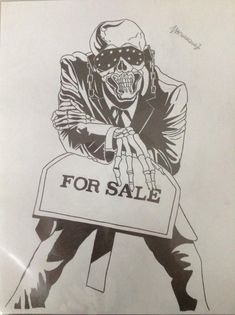 a black and white drawing of a skeleton holding a for sale sign with the words for sale written on it