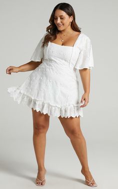 Fancy A Spritz Mini Dress In White Embroidery | Showpo USA Graduation Dress Plus Size, Aria Dress, Bridal Shower Outfit, Square Neck Dress, Shower Dresses, Graduation Outfit, Dropwaist Dress