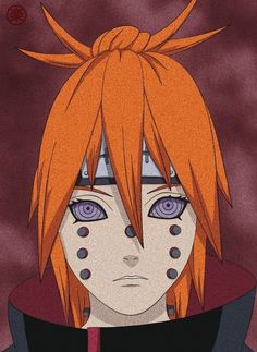 an anime character with orange hair and blue eyes looking at the camera, in front of a red background