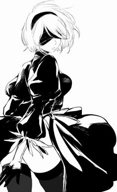 a black and white drawing of a woman with short hair, wearing a long dress