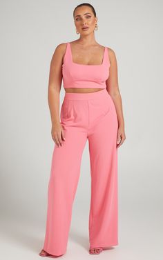 Elibeth Two Piece Wide Leg Set in Bubblegum Pink | Showpo USA Chic Cropped Two-piece Pants Set, Chic Cropped Two-piece Set Pants, Chic Cropped Pants Two-piece Set, Chic Two-piece High Waist Crop Top, Chic Cropped Pants, Trendy Cropped Pants In Solid Color, Trendy Solid Cropped Pants, Trendy Cropped Pants, Chic Pink Two-piece Bottoms Set