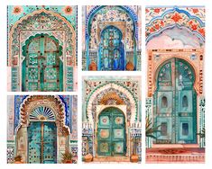 four different doors with ornate designs on the front and back sides, all painted in blue