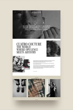 the website design for an art gallery, featuring black and white images with different colors