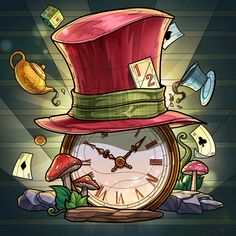 a clock with a red hat on top and other items surrounding it in the background