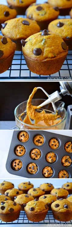 two pictures showing the process of making chocolate chip muffins