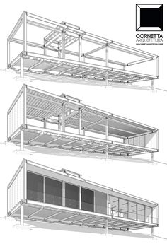 three different views of the side and top sections of a building