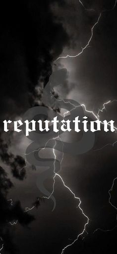 the word repuptation is written in white on a black background with lightning and clouds