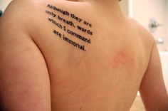 a woman with a tattoo on her back saying, although they are only breath words which i command and are memorial