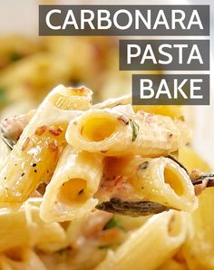 a fork full of pasta with the words carbonara pasta bake