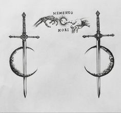 two swords with the words mementoo and moai on them are shown in black ink