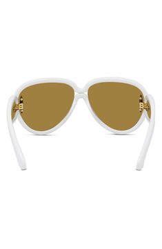 Looping golden logos adorn the tapered temples of sleek Italian-made pilot sunglasses shaped in a mask-inspired silhouette. 65mm lens width; 14mm bridge width; 145mm temple length 100% UV protection Injected plastic Made in Italy Elegant White Shield Sunglasses With Tinted Lenses, Elegant White Shield Sunglasses With Polarized Lenses, Classic White Shield Sunglasses With Tinted Lenses, Classic White Shield Sunglasses With Uva Protection, White Aviator Sunglasses With Uv Protection, Modern White Aviator Sunglasses, Classic White Shield Sunglasses With Polarized Lenses, Classic White Shield Sunglasses With Uv Protection, Elegant White Aviator Sunglasses With Tinted Lenses