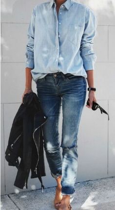 Androgynous Fashion Women Casual, Boyfriend Shirt Outfits, Androgynous Fashion Women, Denim Shirt Outfit, Looks Jeans, Style Casual Chic, Smart Casual Style, Mode Casual, Denim Trends