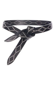 This studded leather belt features a pull-through closure for an always-right fit. Leather Made in France Designer Leather Party Belts, Designer Leather Belts For Party, Designer Black Belt With Palladium Hardware, Black Leather Belt Buckles For Parties, Designer Adjustable Black Belt, Statement Belts, White Belts, Isabel Marant Etoile, Pull Through