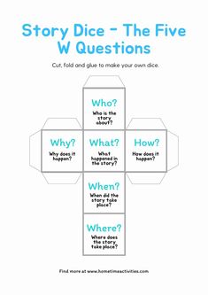 the five questions for story dice - the five w questions are shown in blue and white