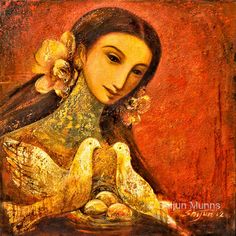 a painting of a woman holding two birds