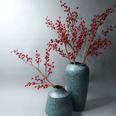 two blue vases with red flowers in them