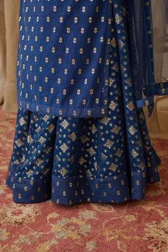 Editor's Note Zardozi Embroidered Chanderi Brocade Kurta With Gold Butis Georgette Skirt Set Color: Blue Fabric: Chanderi Brocade , Georgette & Net Embroidery Details: Zardozi Care: Dry... Ethnic Skirts, Brocade Kurta, Kurta Skirt, Blouse Yoke, Georgette Skirt, Net Embroidery, Casual Tunics, Indian Ethnic Wear, Embroidery Details