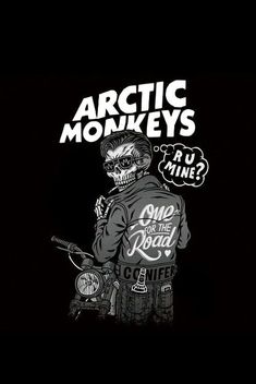 an image of a skeleton on a motorcycle with the words arctic monkeys written above it