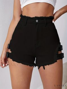 Lasaky - Womens High-Rise Black Denim Shorts with Raw Hem, Side Cut Out Design, and Slash Pockets - Stylish Short Denim Trousers Short Denim, Side Cuts, Pocket Pattern, Cut Out Design, Denim Trousers, Black Denim Shorts, Black Denim, Denim Shorts, Cut Out