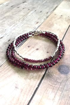 Genuine Garnet Bracelet, Sterling Silver Small Bead Bracelet, Garnet Jewelry, Hand Beaded Double Wrap Bracelet, January Birthstone Jewelry On Etsy Stackable Rondelle Beaded Bracelets, Faceted Rondelle Beaded Bracelets As Gift, Faceted Sterling Silver Beaded Bracelets, Faceted Garnet Round Bead Jewelry, Faceted Rondelle Bracelets As Gift, Rondelle Faceted Bracelet As Gift, Faceted Rondelle Bracelet As Gift, Silver Bracelet For Women, Small Bead Bracelet